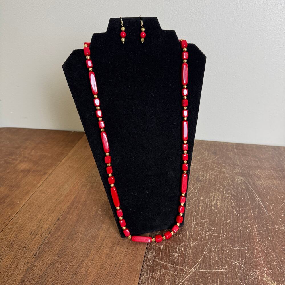 Artisan Made Red & Gold Bead statement necklace and dangle earring‎ set